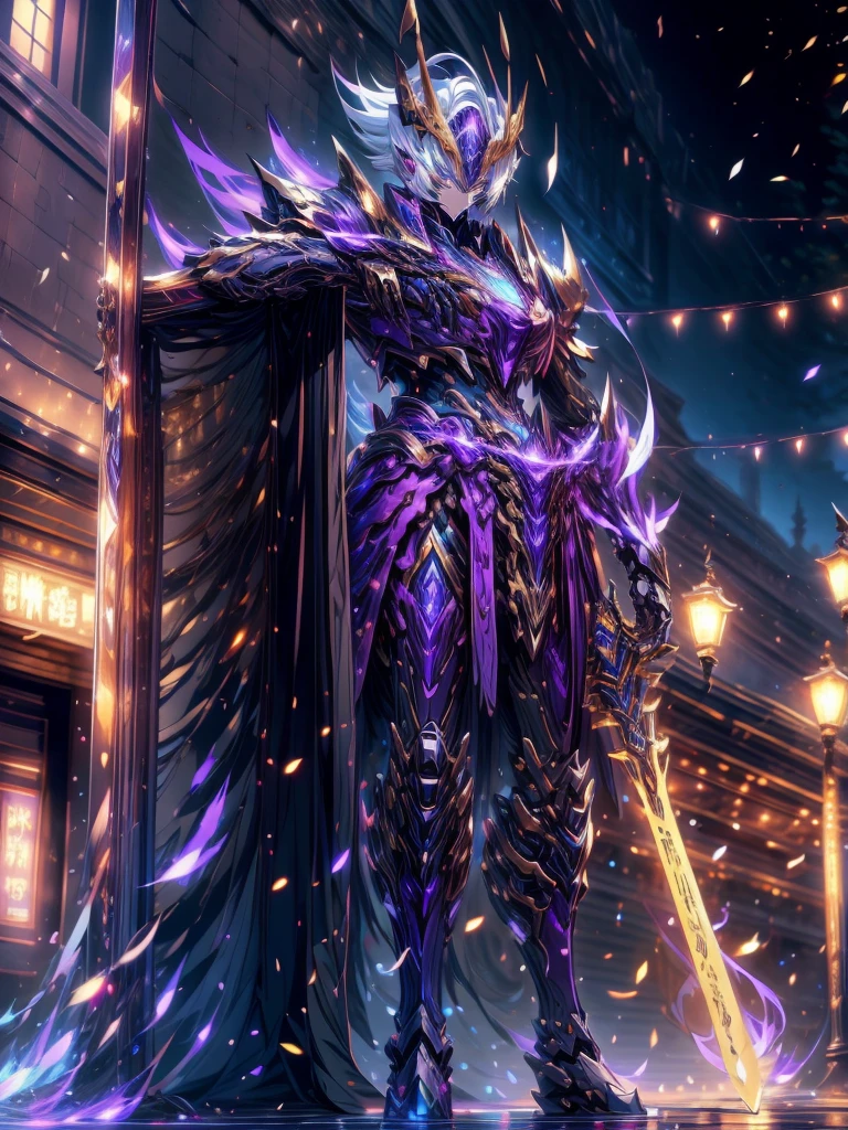 super wide shot, Full body frontal photo,Mecha woman warrior，Heroic style of the Three Kingdomech color: Purple deep series》，（《Romance of the Three Kingdoms》，《Sima Yi》，Magic weapon in hand，），（Full body mecha）, 1 Girl, large breast, thicc, BIG ASS, Keqing from Genshin Impact, (Masterpiece) ， The best quality， High quality，Gold armor，Movie Lighting， （Exquisite future）， Beautiful and beautiful， Ultra detailed， great composition， Floating， Depth of field， （Very detailed CG，Unity 8k Wallpaper）， （Beautiful detail background）， dramatic lights， GOGETTA， Mecha，best qualtiy，Ultra-high resolution，