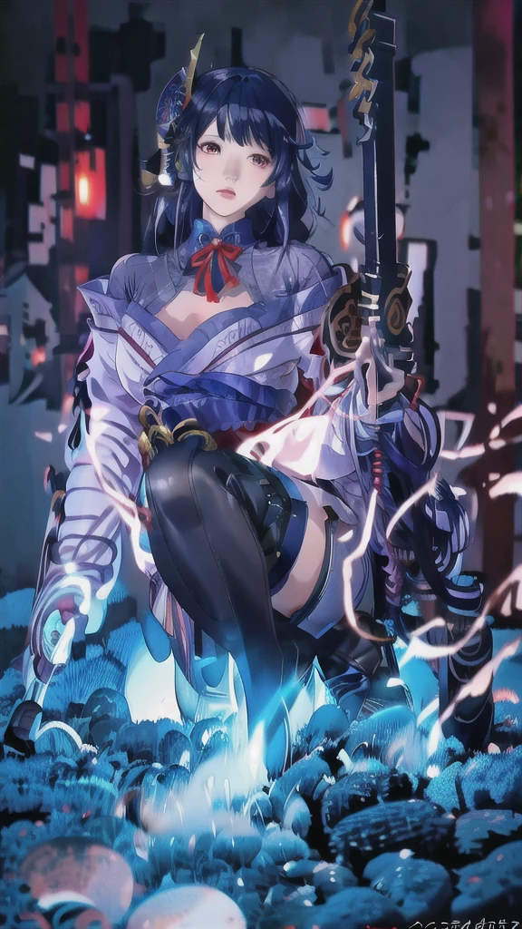 Hyperrealistic version of a woman kneeling down with a sword in her hand, very beautiful cyberpunk samurai, anime cyberpunk art, cyberpunk samurai, cyberpunk anime art, anime cyberpunk, cgsociety 9, digital cyberpunk anime art, style of maciej kuciara.1girl, samurai armor, helmet oni evil mask,intricate, ornaments detailed, cold colors, metal, egypician detail, highly intricate details, realistic light, trending on cgsociety, glowing eyes, facing camera, neon details, ultra realistic details, portrait full body, japanese atmosphere, global illumination, shadows, octane render, 8k, ultra sharp.cool ta.