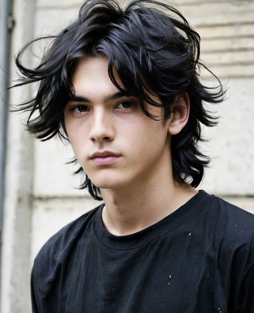 age boy, long black messy hair, wearing black shirt, wearing men&#39;s street wear pants, Eyes red, with thin eyebrows, and cut scar on the sides of the mouth, aged 19, Emo style.