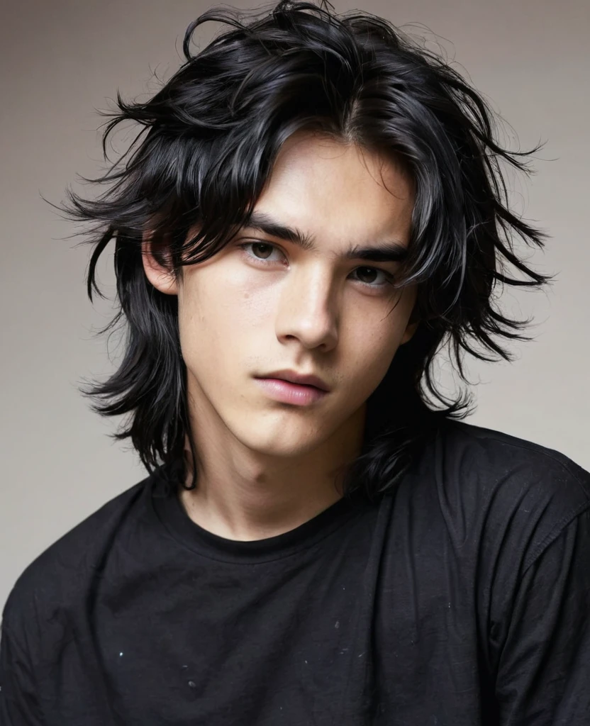 boy, long black messy hair, wearing black shirt, wearing men's street wear pants, Eyes red, with thin eyebrows, and cut scar on the sides of the mouth, aged 19, Emo style.