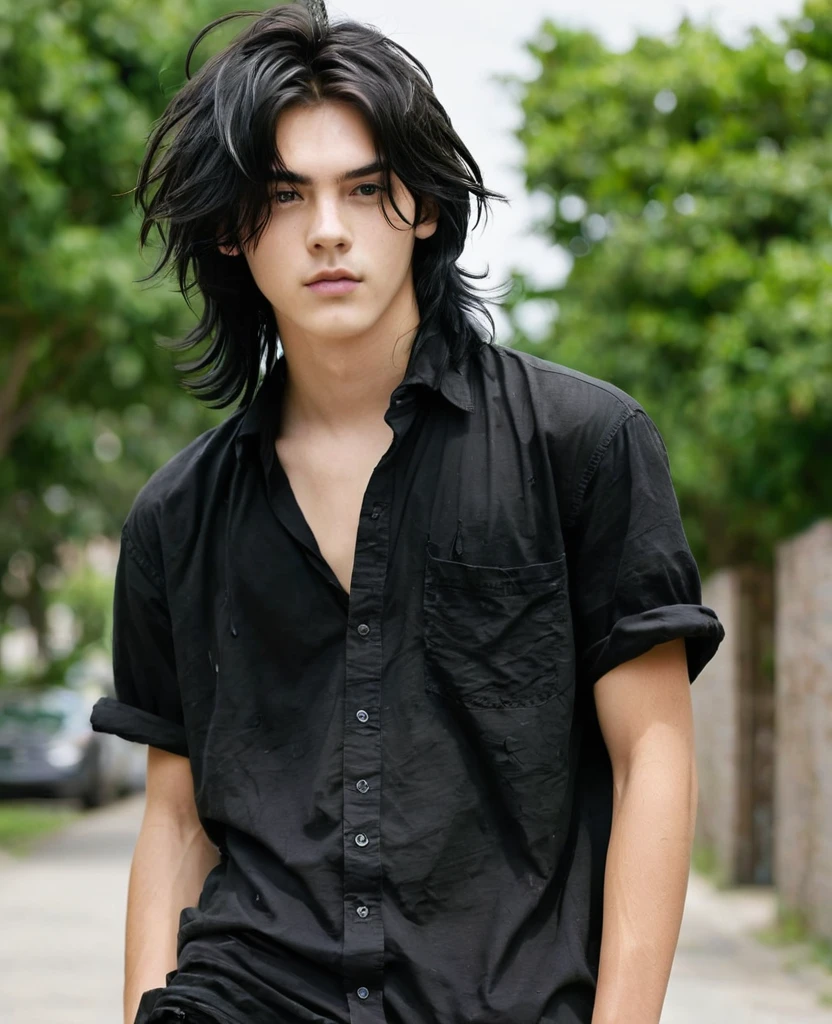 boy, long black messy hair, wearing black shirt, wearing men's street wear pants, Eyes red, with thin eyebrows, and cut scar on the sides of the mouth, aged 19, Emo style.