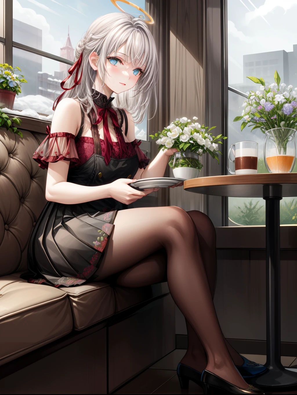 (1girl), (masterpiece), (best quality),((facing the viewer)), ((good anatomy))
A stunning woman with snow-white hair and bright blue eyes sits by the window at a cozy corner café. She wears a soft-toned t-shirt that complements her pale complexion, adorned with delicate floral embroidery in pastel shades, contrasting harmoniously with her black pleated skirt that falls gracefully just above her knees. Her black stockings feature intricate detailing, extending from ankles to thighs, adding sophistication and style to her ensemble.
With each bite of her fruit tart, her movements are graceful and elegant, reflecting a natural serenity. Soft light filters through the window, highlighting silver strands in her white hair and creating a subtle halo around her. Some strands fall gently over her shoulders, while others are elegantly swept up into a chic updo that reveals her slender neck.
The café ambiance is filled with soft murmurs and the comforting aroma of freshly brewed coffee. On her table, next to her plate, rests a small white flower in a tiny glass vase, a delicate detail that adds a touch of freshness and simplicity to her surroundings.
The woman, with her calm gaze and relaxed posture, appears to be immersed in a moment of personal peace and enjoyment, in harmony with the cozy atmosphere of the corner café.