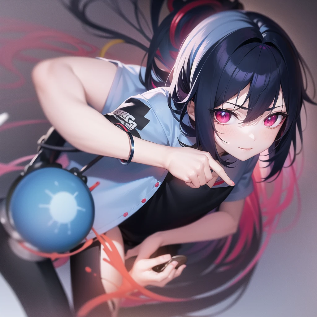 anime style , with 4 blue and red capsules in the palm of her hand, behind her several blue and red capsules floating, slight smile, red eyes, very pale skin, black hair, black t-shirt with a psychedelic cat print, face with scratizes, appearance of a beggar , play there , dark image