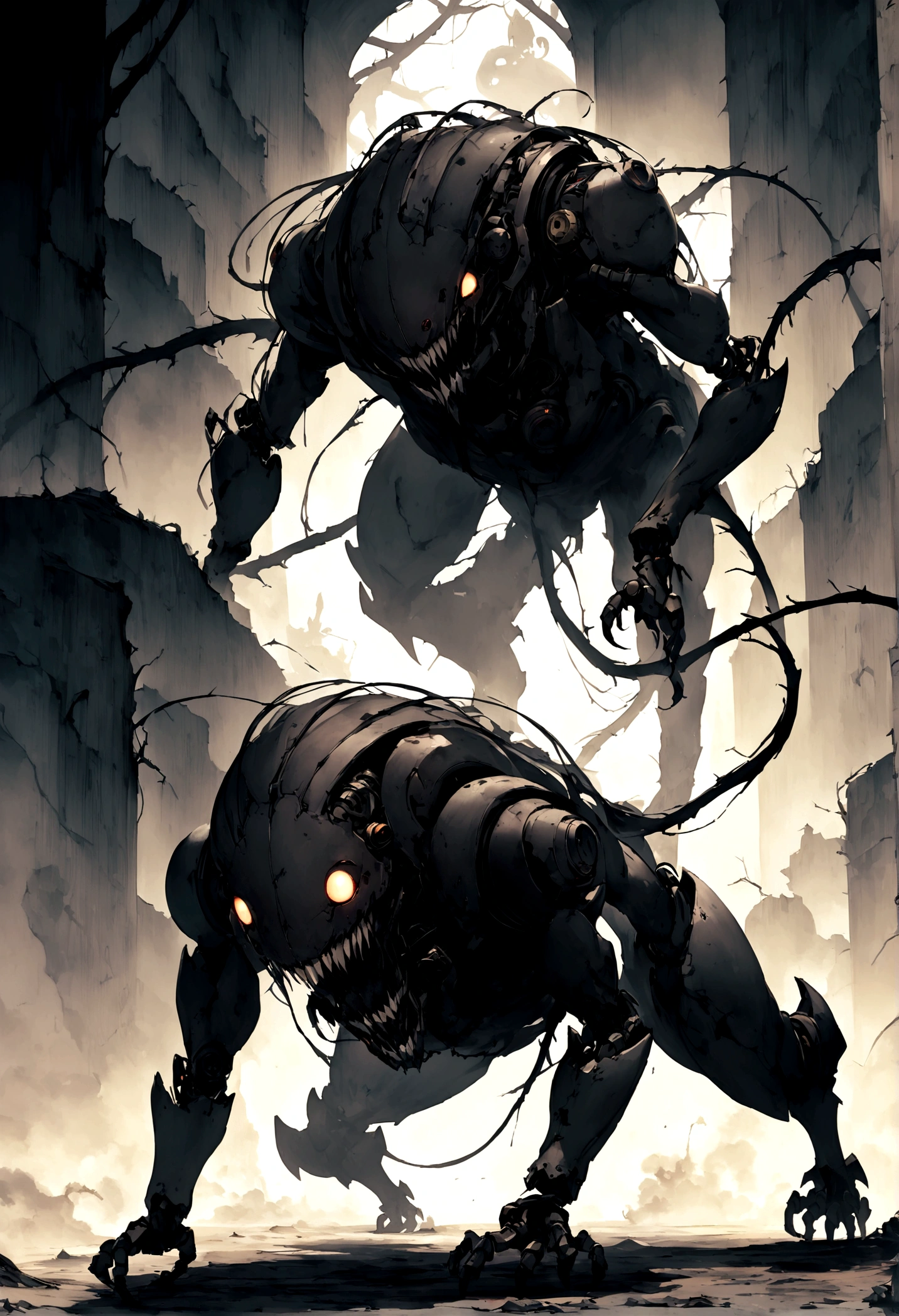 Describe a character that looks like a mechanical or robotic creature with dark, sinister features. This character should have a large, toothy grin and a somewhat monstrous look. It appears to be crawling or creeping forward, with shadowy or smoky elements trailing behind it."