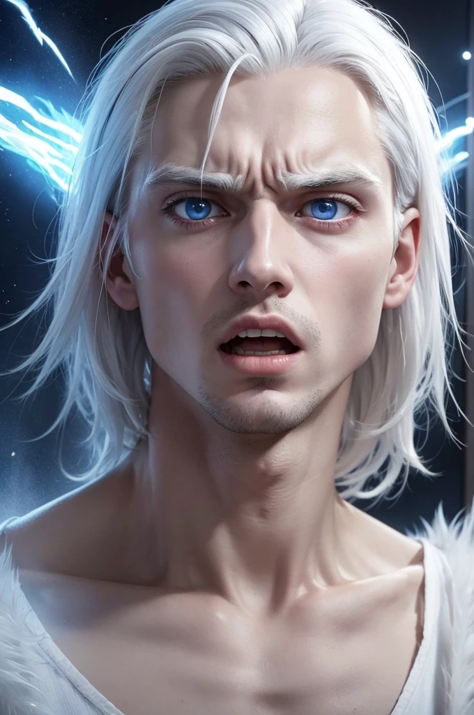 Man with medium white hair is spiked, 28 years old, with bright, beautiful blue eyes, with a terrified facial expression, as if I had just seen a ghost, looking at the screen