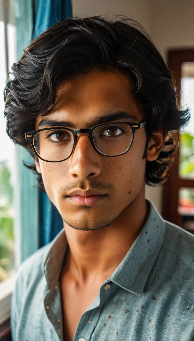 (Photography, Realism: 1.4),
23 years old, male, black hair, smart looking, Maldivian, looking out of classroom window, cinematic lighting, highly detailed eyes, highly detailed face, brown eyes, freckles, glasses, studying in his home