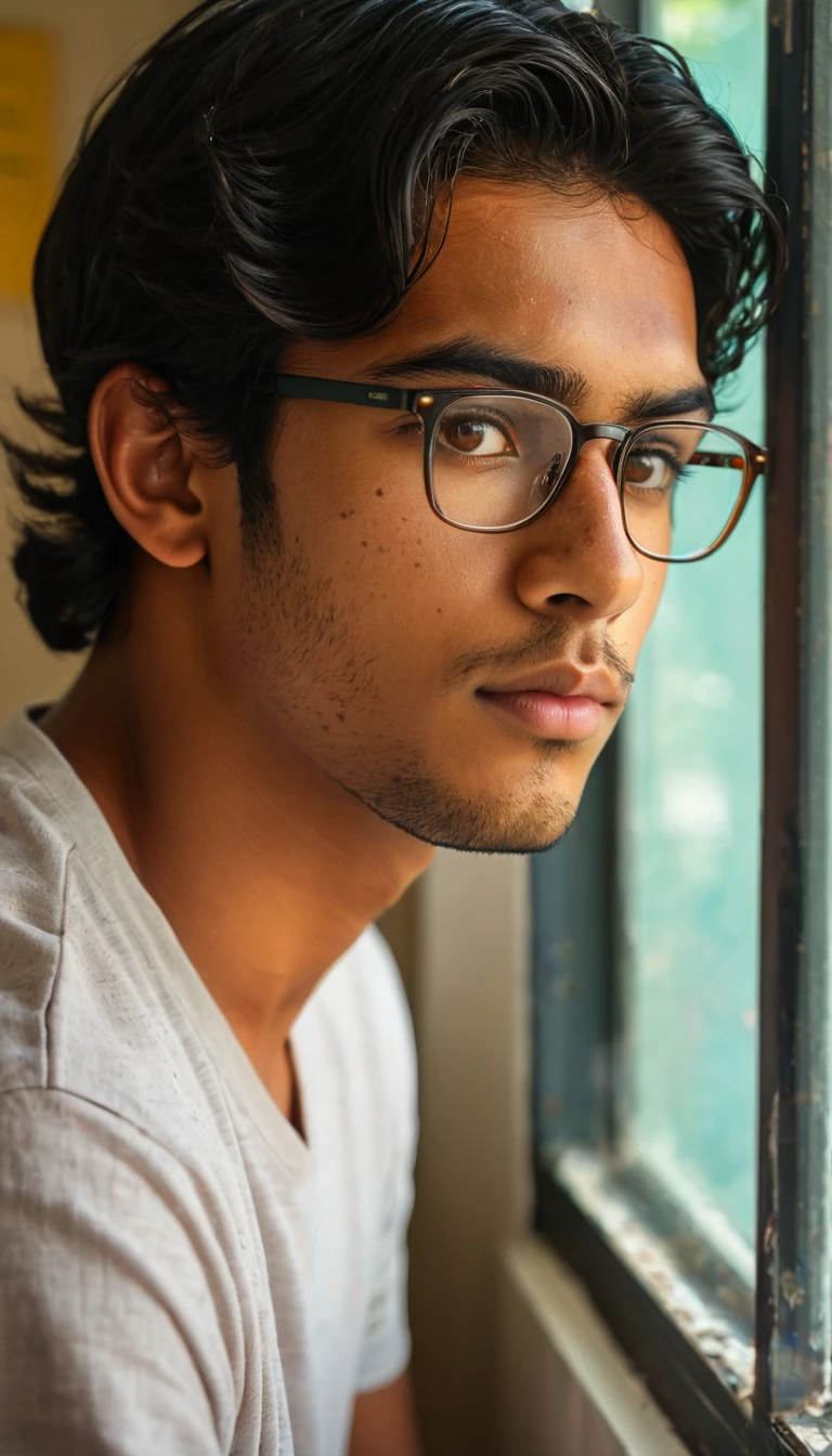 (Photography, Realism: 1.4),
23 years old, male, black hair, smart looking, Maldivian, looking out of classroom window, cinematic lighting, highly detailed eyes, highly detailed face, brown eyes, freckles, glasses, studying in his home