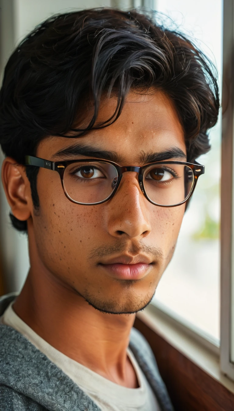 (Photography, Realism: 1.4),
23 years old, male, black hair, smart looking, Maldivian, looking out of classroom window, cinematic lighting, highly detailed eyes, highly detailed face, brown eyes, freckles, glasses, studying in his home