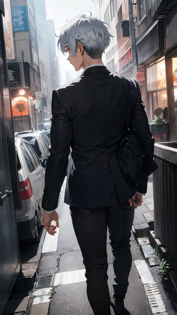 teenage man ,Smoky white hair, wearing a black suit . Turn back and look back. Half body image, colored lights,  look back. วิวจากดาดฟ้าตึกสูง