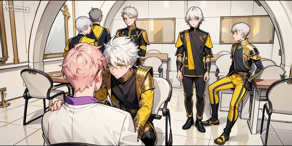 There is a boy sitting with his back turned and several men in front of him talk to him kindly., They have white hair and yellow eyes, black tunics, black golden armor with yellow golden jewelry., they have yellow eyes