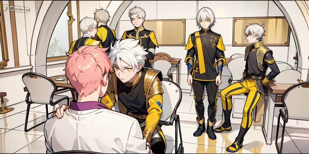 There is a boy sitting with his back turned and several men in front of him talk to him kindly., They have white hair and yellow eyes, black tunics, black golden armor with yellow golden jewelry., they have yellow eyes