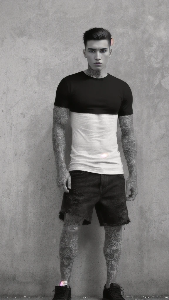 Generate an image in dramatic cinematic black and white, featuring a young man wearing a blank black loose tee shirt in a street style setting. Include a texturethe wall in the background. give the model come minimalistic tattos ,The model should have a relaxed, confident pose.