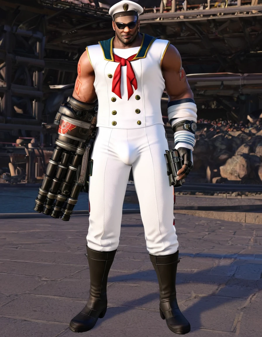barret, dark skin male with gun arm and tattoo, sunglasses , ( top sailor ) , bottomless , full body , black boots , bulge