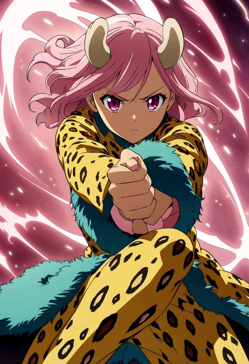 Anime illustration, pink-skinned girl with fluffy pink hair and antler-like horns, dressed in a leopard pattern suit with teal fur trim, confident and dynamic pose, high detail"