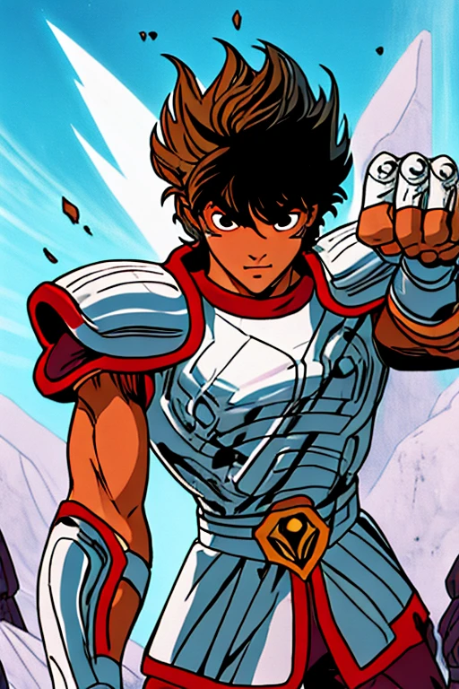 estilo shingoaraki-smf, knights of the zodiac, saint seiya, ****ung boy, messy brown hair, expression of determination on her face,  pegasus seiya , bandages, bloodstains, Ranni, pegasus armor, broken armor, rock ruins background, battle stance, kosmos, energy stars, blue aura