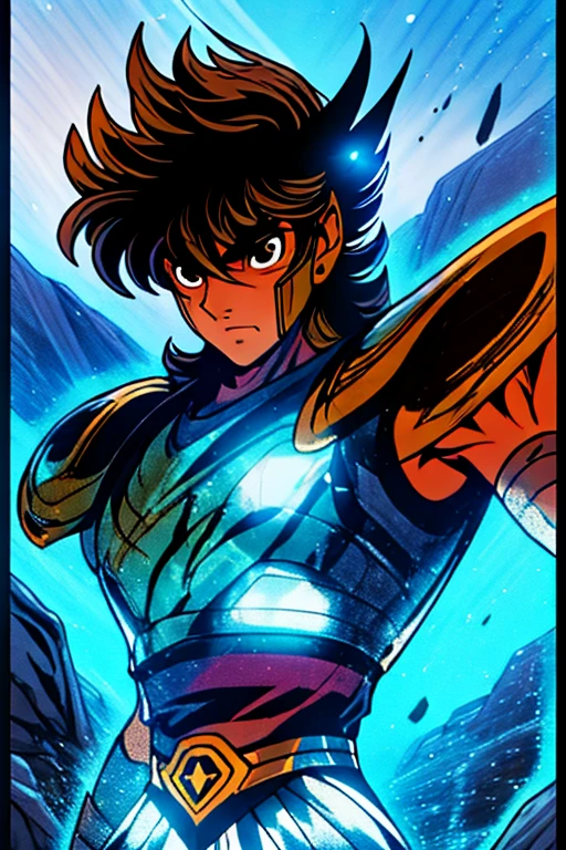 estilo shingoaraki-smf, knights of the zodiac, saint seiya, ****ung boy, messy brown hair, expression of determination on her face,  pegasus seiya , bandages, bloodstains, Ranni, pegasus armor, broken armor, rock ruins background, battle stance, kosmos, energy stars, blue aura