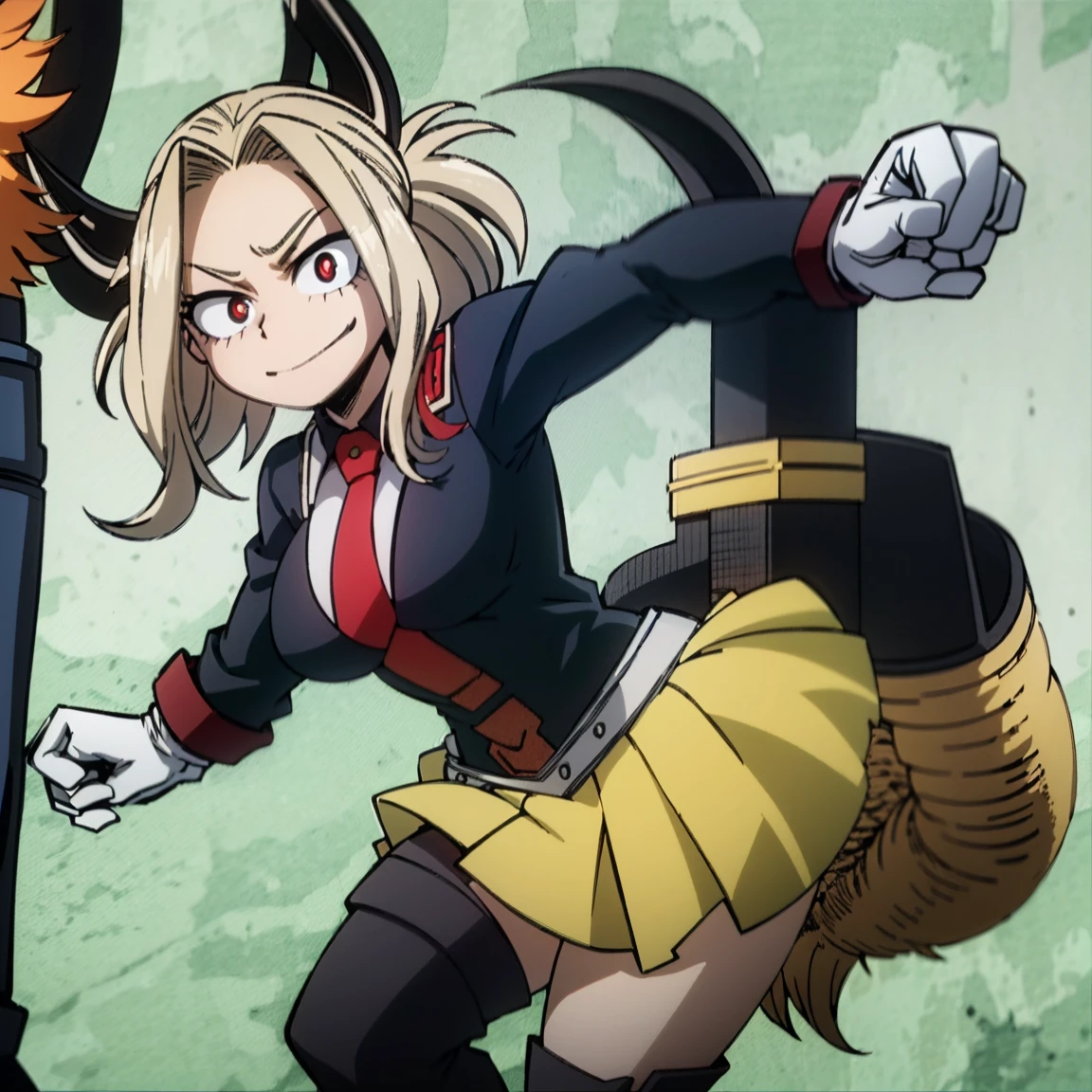 1girl, female focus, boku no hero academia, masterpiece, best quality, very aesthetic, cowboy shot, big breasts, long curly hair, orange hair, dark pink eyes, smirk, gray jacket, red tie, white shirt, teal skirt, gray tights, boots