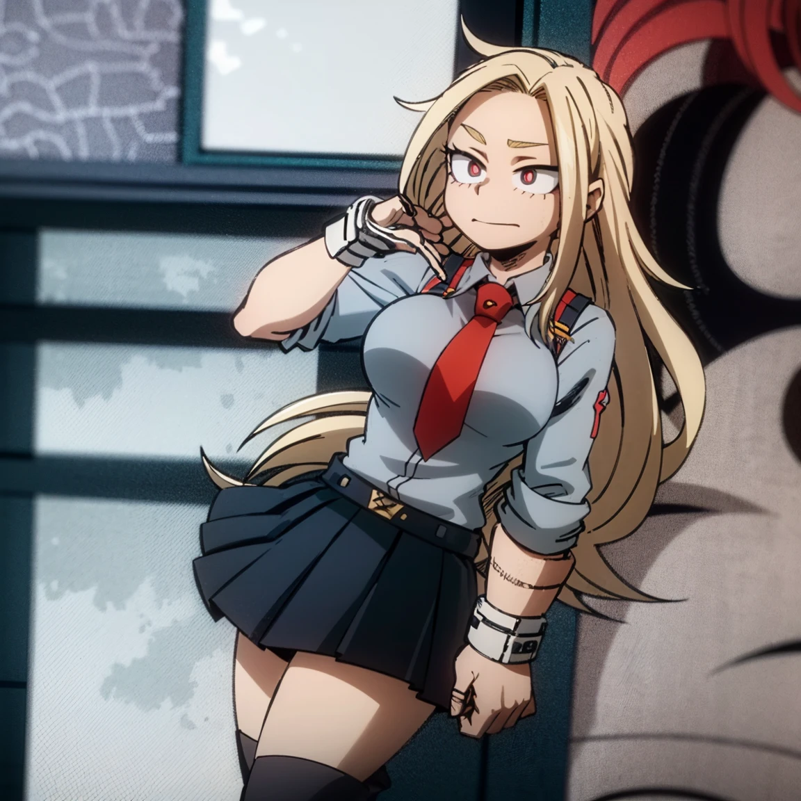 1girl, female focus, boku no hero academia, masterpiece, best quality, very aesthetic, cowboy shot, big breasts, long curly hair, orange hair, dark pink eyes, smirk, gray jacket, red tie, white shirt, teal skirt, gray tights, boots