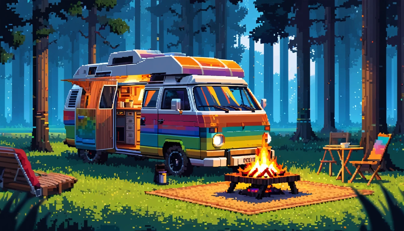 a highly detailed futuristic camper van, stunning interior design, parked on an open grassy field in a forest, campfire nearby, man sitting and drinking coffee, pixel art, HDR, cinematic lighting, vibrant colors, intricate details, sharp focus, photorealistic, masterpiece