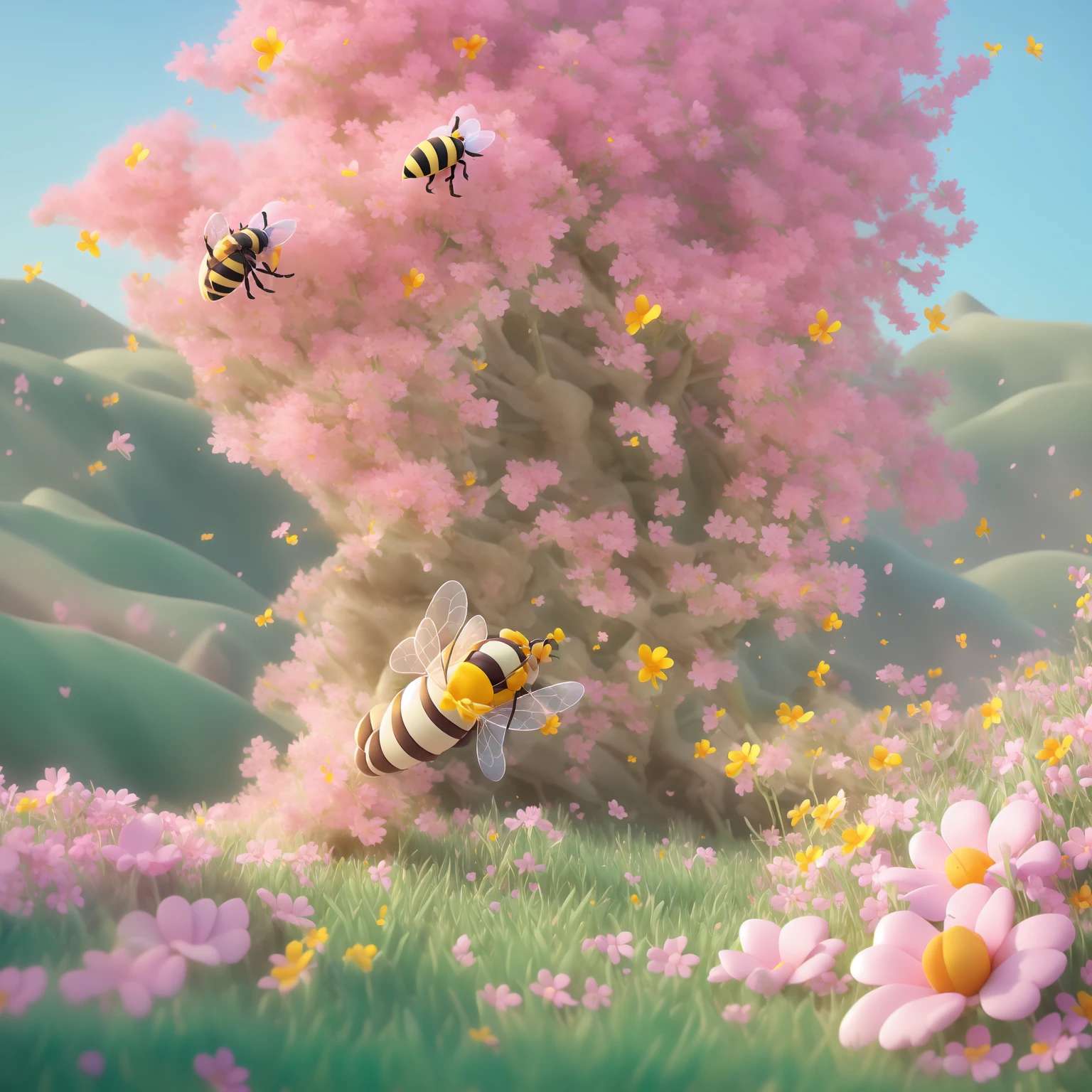 there is a bee flying over a field of flowers with a bee, a 3D render by jeonseok lee, trending on polycount, conceptual art, cute 3 d render, soft 3d render, cute! c4d, stylized as a 3d render, stylized 3d render, adorable digital painting, cute detailed digital art, 3 d bee