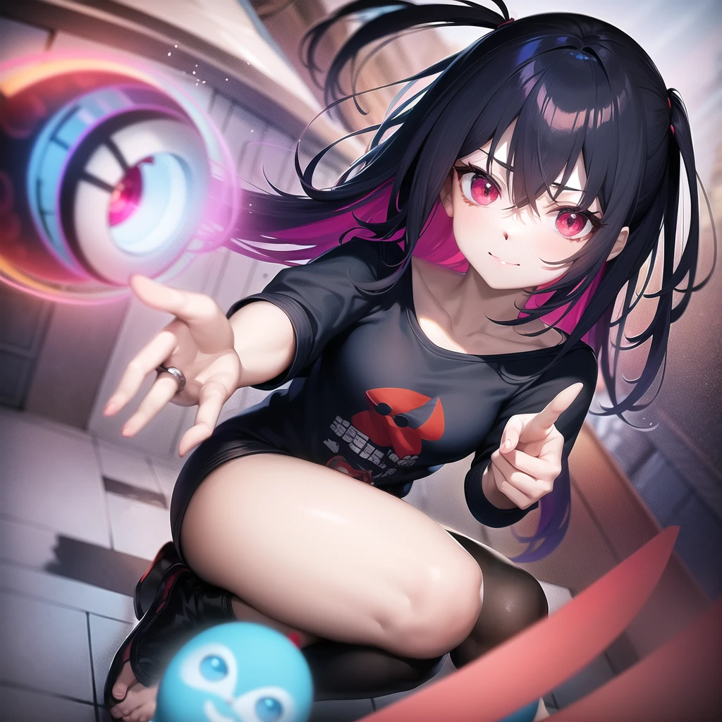 anime style , with 4 blue and red capsules in the palm of her hand, behind her several blue and red capsules floating, slight smile, red eyes, very pale skin, black hair, black t-shirt with a psychedelic cat print, face with scratizes, appearance of a beggar , play there , dark image