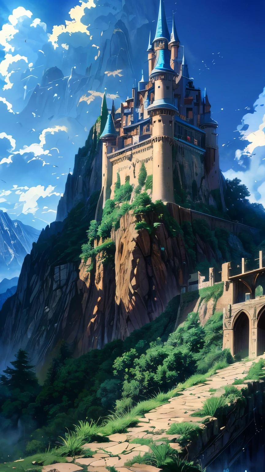 anime village with a mountain in the background, medeival fantasy town, mountain fortress city, fantasy town setting, detailed fantasy digital art, a bustling magical town, detailed digital concept art, cliffside town, 4k highly detailed digital art, fantasy town, detailed 4k concept art, highly detailed fantasy art, beautiful detailed concept art, steampunk villages castles