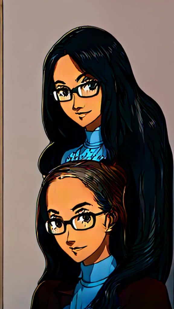 1 Brown skin girl with (black straight long hair) with (silver and round glasses) is smiling, arte lofistyle, fanart oficial, arte lofi, Rhads e Lois Van Baarle, retrato de lofi, jazz e rossdraws, lazy |, fanart de alta qualidade, ((no background))