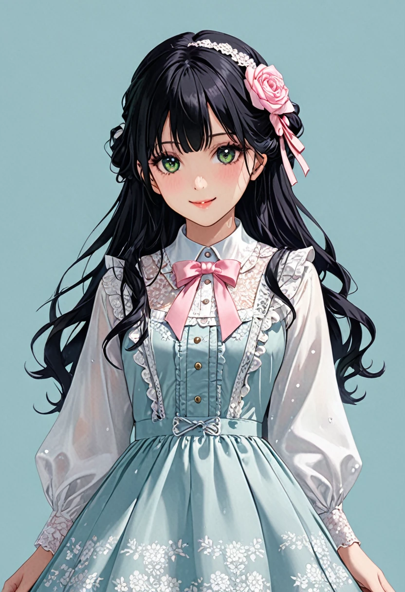 Long black hair、Cute girl with dark eyes、smile、Wearing a classic style、High waist design and mid-calf length full skirt。The fabric has large white and pink roses on a pale blue background、It has an intricate floral pattern with green leaves。On top of the one piece、Long sleeves with buttoned cuffs、A white blouse with lace and ruffle details on the collar。You can also see the bowtie around the neck.。The overall aesthetics are、She wears a ta-style dress that emphasizes modesty and elegance through intricate clothing design.