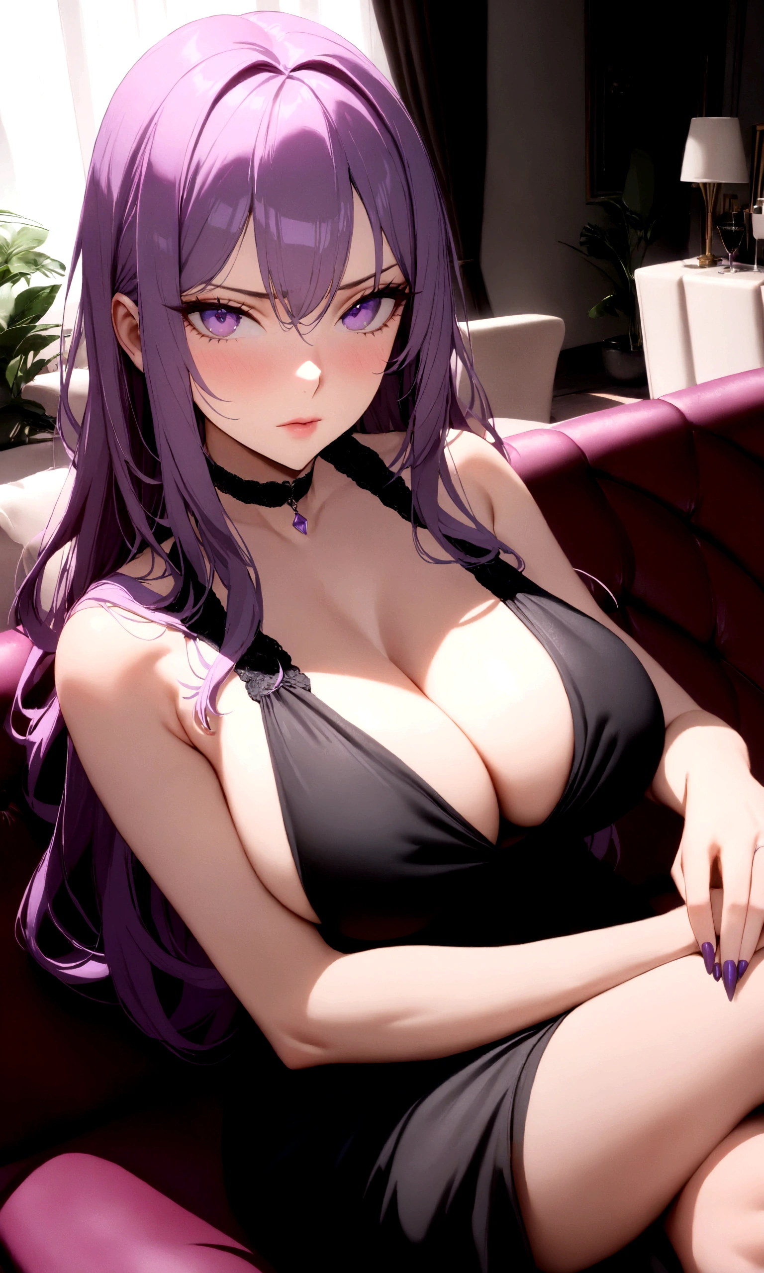 1 woman, mature, busty, beautiful, tall, attractive, , ((Long hair))((pink and purple hair)), ((violet eyes))((purple nails)), ((Woman wear black dress, black choker)), ((living room, sitting on sofa)), looking at viewer, angry, crossing legs, 8k, masterpiece, ray tracing