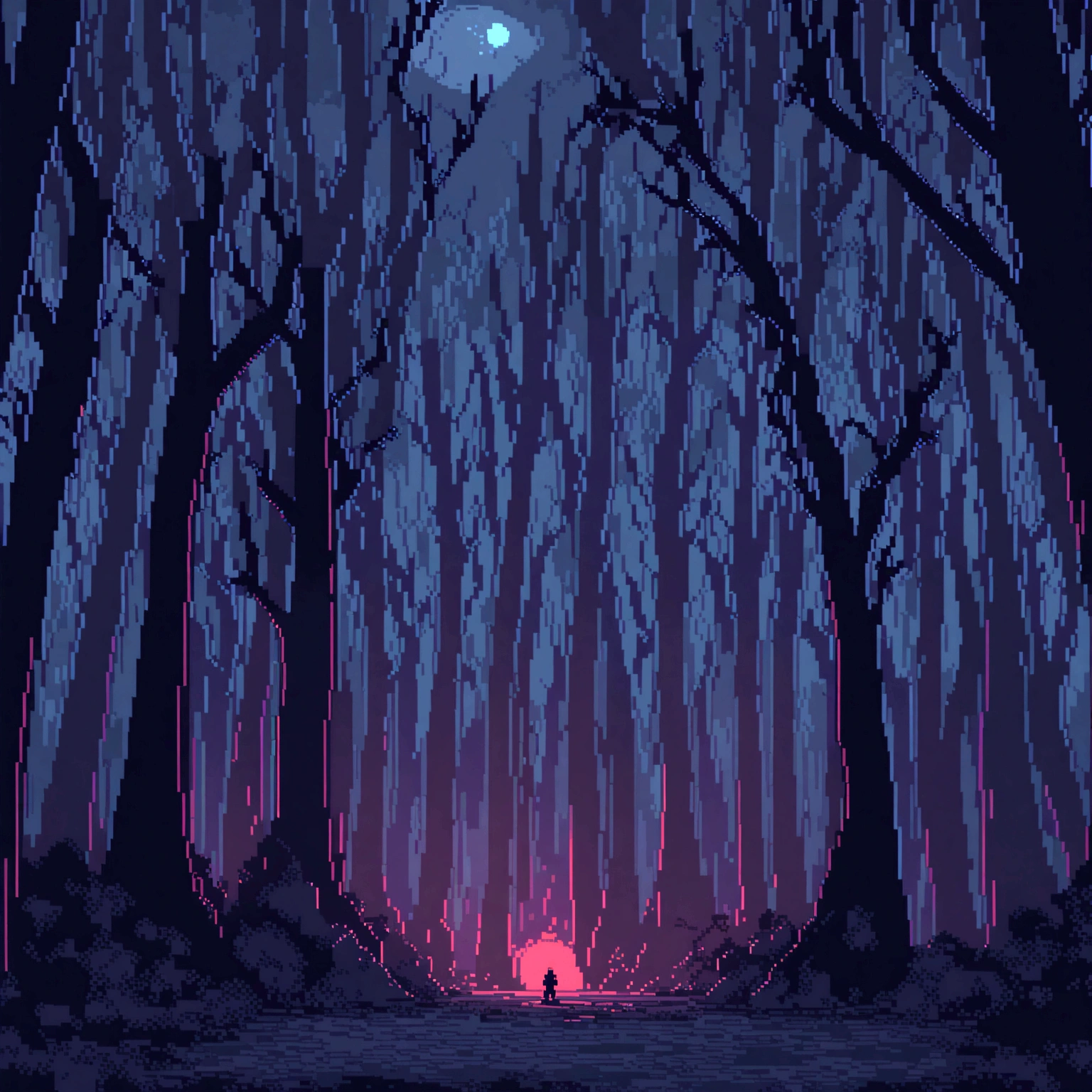 horror forest. night time. 3D pixel graphics wallpaper 4K. awesome pixel art. pixel art. monsters. Detailed pixel graphics of an unreal engine