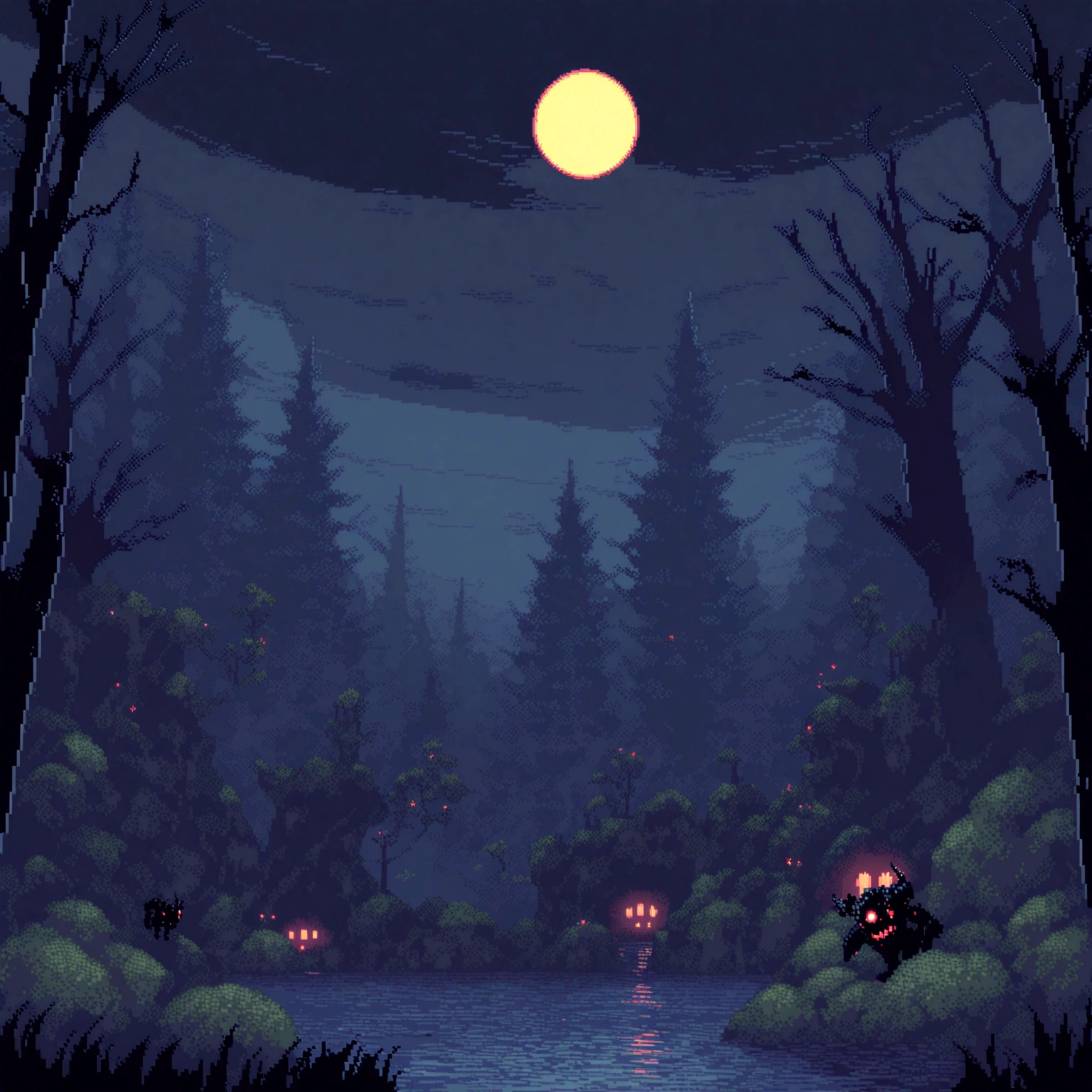 horror forest. night time. 3D pixel graphics wallpaper 4K. awesome pixel art. pixel art. monsters. Detailed pixel graphics of an unreal engine