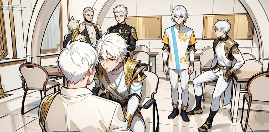 There is a boy sitting with his back turned and several men in front of him intimidating him. They only have white hair and yellow eyes, black tunics, golden armor, black with yellow golden jewelry.