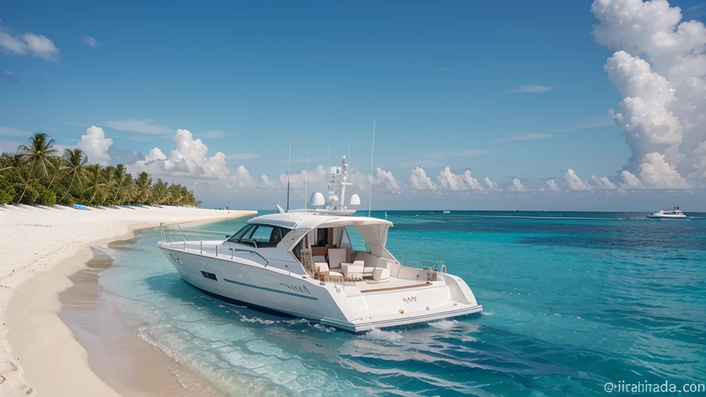 White yacht in the blue sea sunny day beach sand maldives luxury