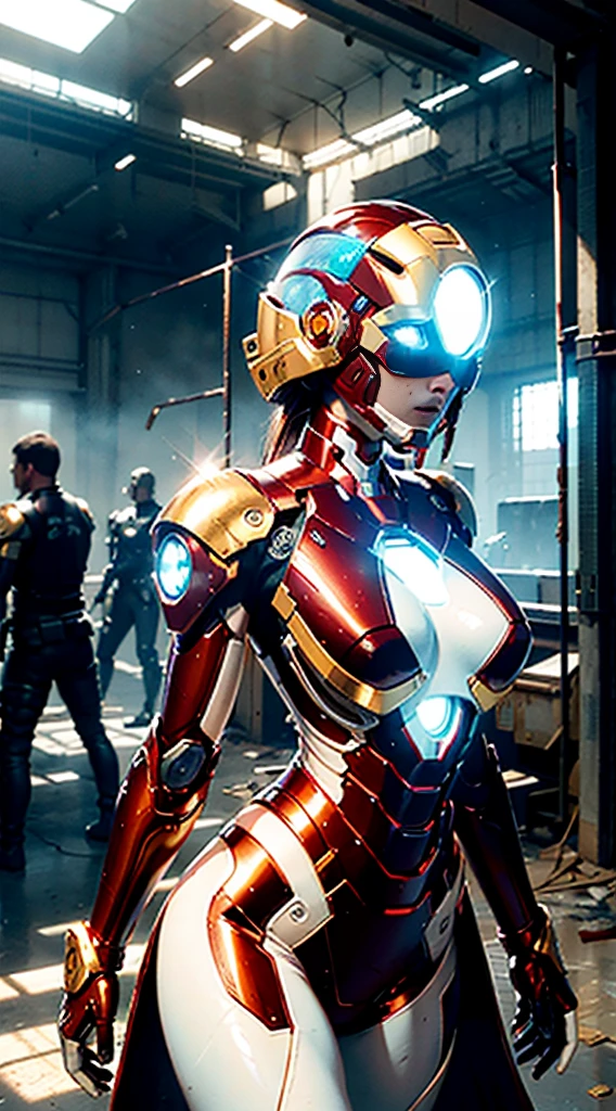 SPIRIT, masterpiece, ultra fine photo,, best quality, Ultra high resolution, photorealestic, sun light, full body portrait, breathtakingly beautiful,, dynamic poses, tender face, shining eyes, (side view) , She wears a futuristic Iron Man mech, Red and gold color scheme, Very detailed background of an abandoned warehouse, detailed face, more detailed and complex, busy background, messy, beautiful, Milky white, highly detailed skin, Realistic Skin Detail, Visible pores , keen focus, volumetric fog, 8K UHD, DSLR Camera, good quality, film grain, light skin, Photo-realism, Lomographie, sprawling metropolis in a futuristic dystopia, bottom view, Translucent
