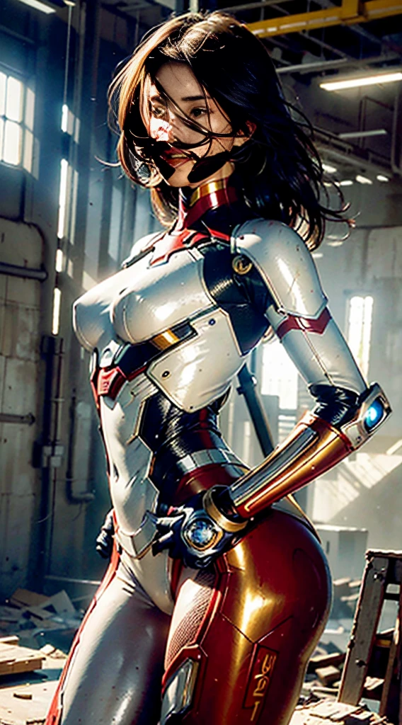 SPIRIT, masterpiece, ultra fine photo,, best quality, Ultra high resolution, photorealestic, sun light, full body portrait, breathtakingly beautiful,, dynamic poses, tender face, shining eyes, (side view) , She wears a futuristic Iron Man mech, Red and gold color scheme, Very detailed background of an abandoned warehouse, detailed face, more detailed and complex, busy background, messy, beautiful, Milky white, highly detailed skin, Realistic Skin Detail, Visible pores , keen focus, volumetric fog, 8K UHD, DSLR Camera, good quality, film grain, light skin, Photo-realism, Lomographie, sprawling metropolis in a futuristic dystopia, bottom view, Translucent