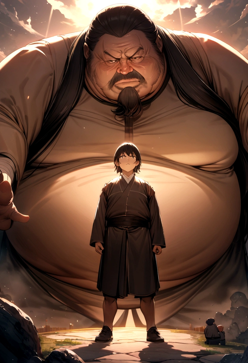 with brownish black hair traning archery with an old fat man with black long hair. 4K Resolution, Ultra Detailed.