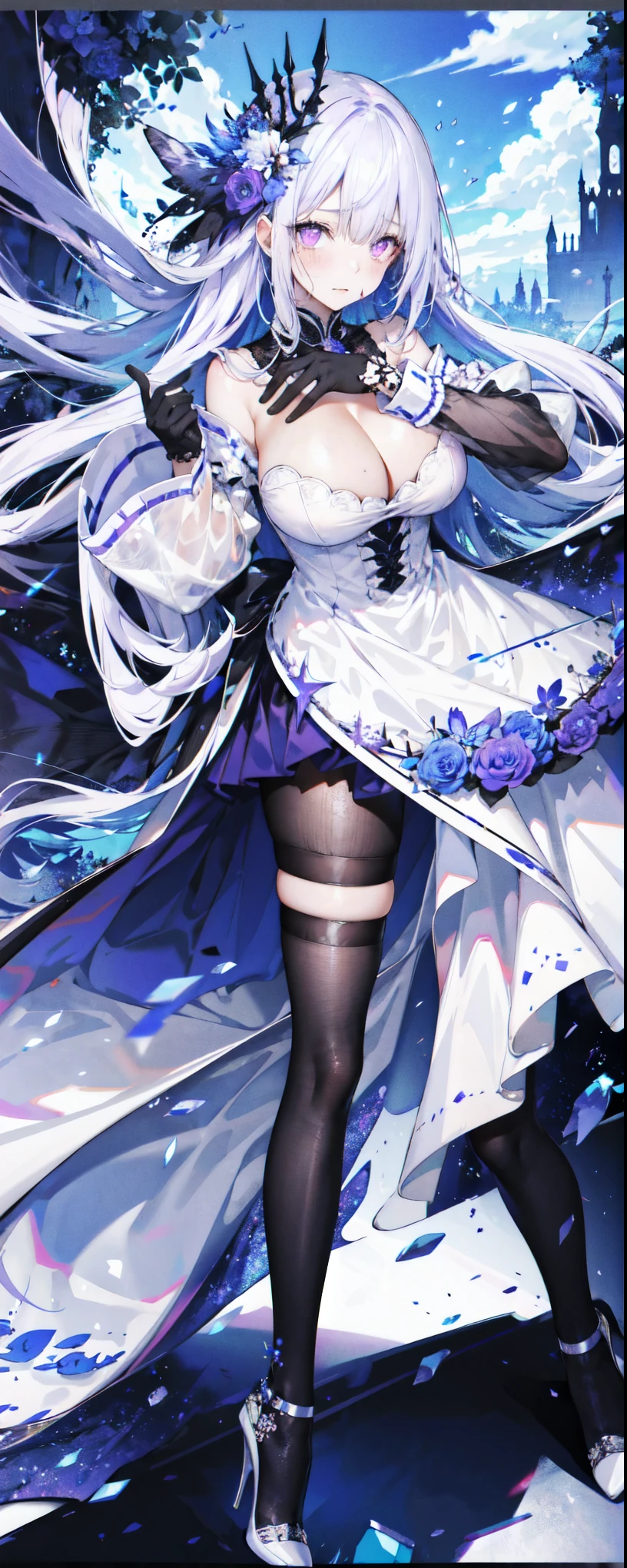 （（masterpiece：1.4，best quality）），（Super detailed），（Extremely detailed eyes），（Shiny socks：1.5），Hello Darkness
（Cute girls），15 years old，（Blood-red pupils，Diamond-shaped pupil：1.15），Purple Eyeshadow，（elongated hair，Thick hair，Single ponytail，shiny hair：1.5）（Changes through：1.2），despair，sad，Empty eyes，tears streaming down my face，tilting its head to the side，
（She wore a blue dress，：1.5），（Black gloves：1.4）Very long plush sleeves，White，White Cloud，Dream bubbles ，Ice and glitter effects
（Black long skirt：1.1），
（（Starry Sky：1.2）），
（Intense black and white：1.16），（Depth of Field：1.4），，Intricate details，(((Detailed background，Castle in the Sky，Purple flowers by the lake)))，(((， ，Deep ，White stiletto high heels， clothes)))