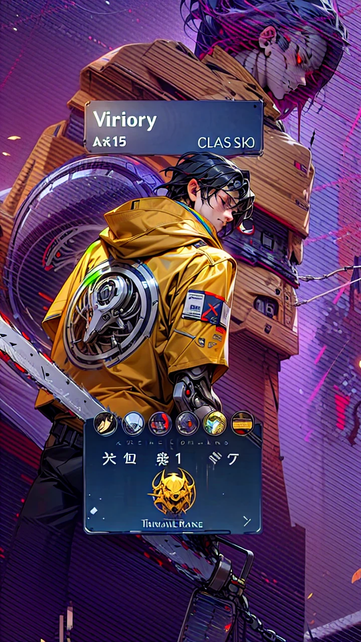 Dark_Fantasy,Cyberpunk,(chain saw,chain saw man,Red:1.1),1man,Mechanical marvel,Robotic presence,Cybernetic guardian,