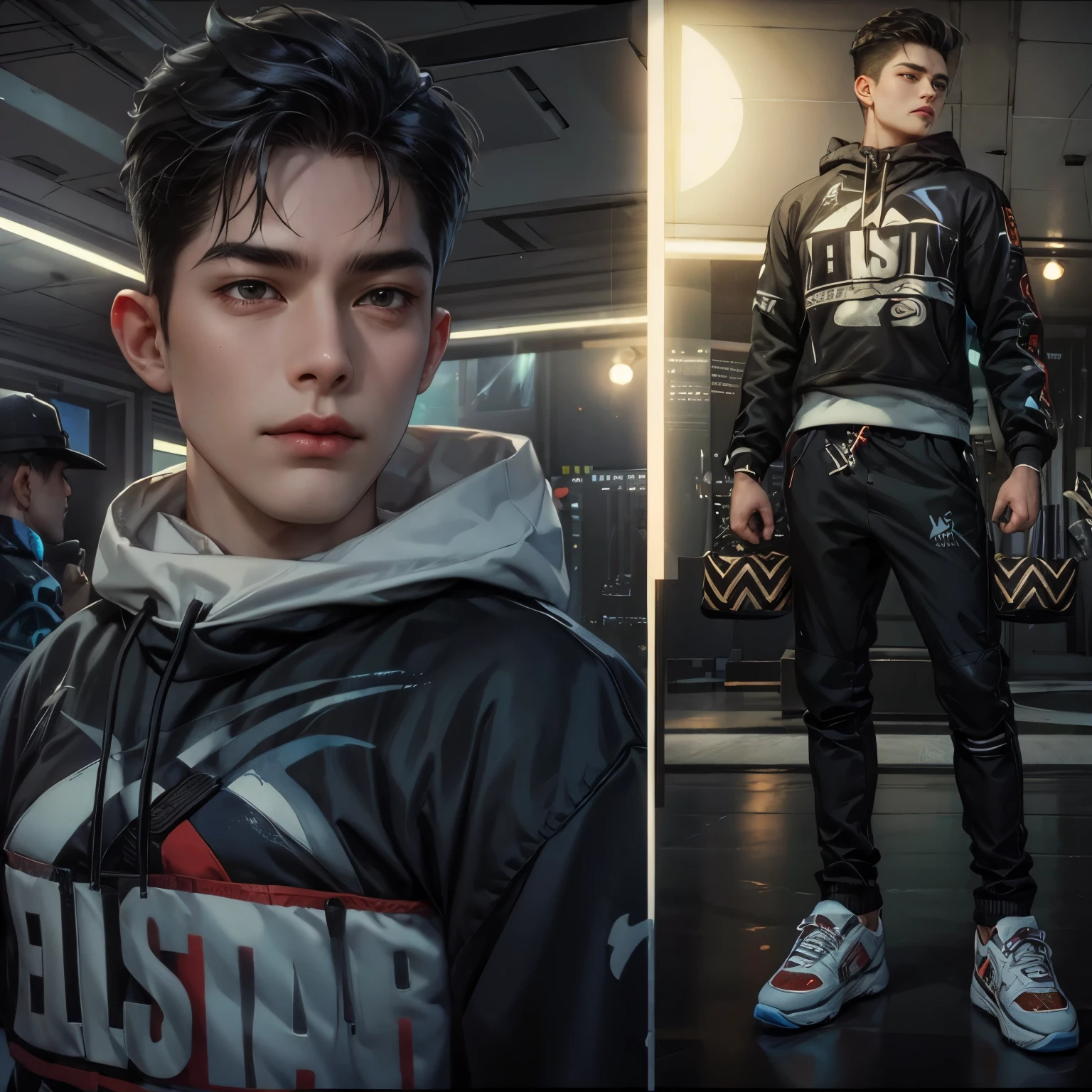 a close up of a man wearing a hoodie and a pair of sneakers, casual streetwear, 8 k highly detailed ❤🔥 🔥 💀 🤖 🚀, in the style jordan grimmer, streetwear fashion, inspired by Zack Stella, an aesthetic!, street wears, 2 k aesthetic, full body!! maximalist details, aesthetic!!!!, realism artstyle, trending on r/streetwear, realistic man