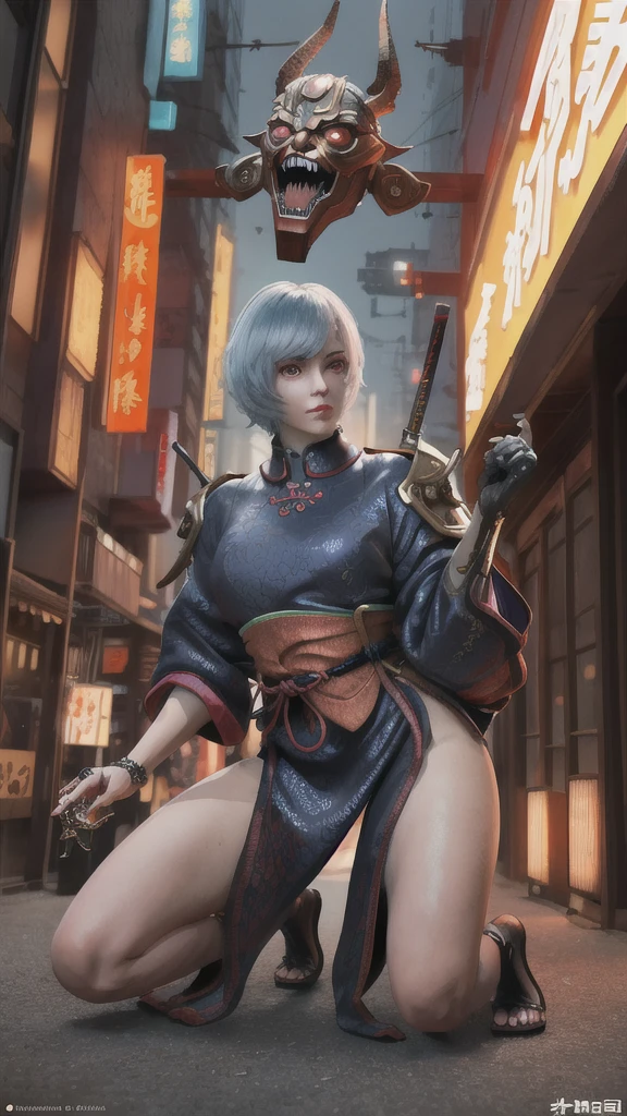 Hyperrealistic version of a woman kneeling down with a sword in her hand, very beautiful cyberpunk samurai, anime cyberpunk art, cyberpunk samurai, cyberpunk anime art, anime cyberpunk, cgsociety 9, digital cyberpunk anime art, style of maciej kuciara.1girl, samurai armor, helmet oni evil mask,intricate, ornaments detailed, cold colors, metal, egypician detail, highly intricate details, realistic light, trending on cgsociety, glowing eyes, facing camera, neon details, ultra realistic details, portrait full body, japanese atmosphere, global illumination, shadows, octane render, 8k, ultra sharp.cool lolita.