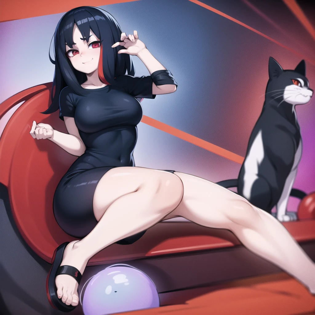 anime style , with 4 blue and red capsules in the palm of her hand, behind her several blue and red capsules floating, slight smile, red eyes, very pale skin, black hair, black t-shirt with a psychedelic cat print, face with scratizes, appearance of a beggar , play there , dark image
