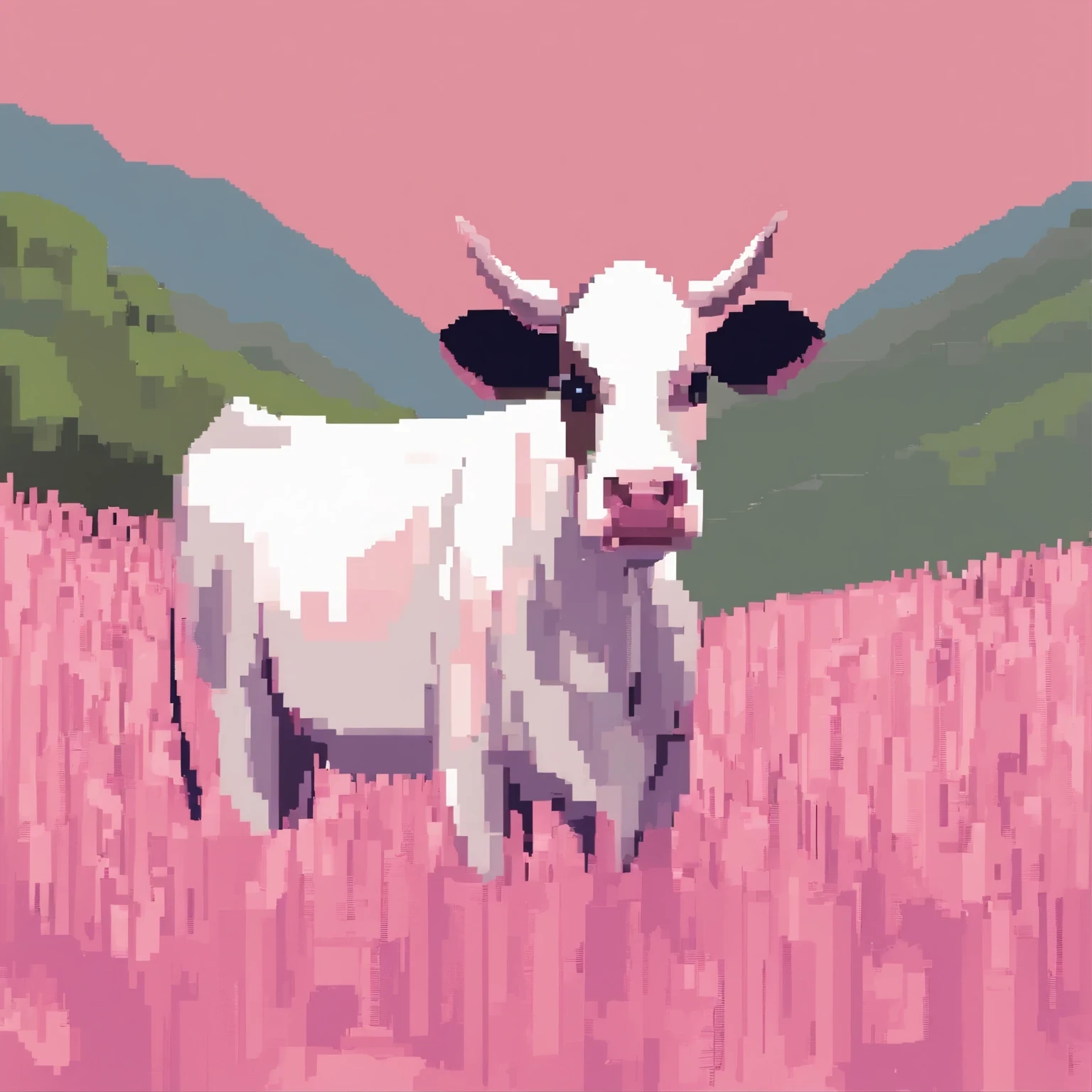 there is a 奶ox standing in a field of tall grass, 奶ox, Pink grass, Surreal flat colors, Vaporwave Art, 32-bit pixel art, Just a joke, Vaporwave Artwork composition, random 奶oxs, lofi style, Pixel artwork, pixelated art, ox, Digital pixel art, detailed Pixel artwork, A Vaporwave Masterpiece, A digital picture