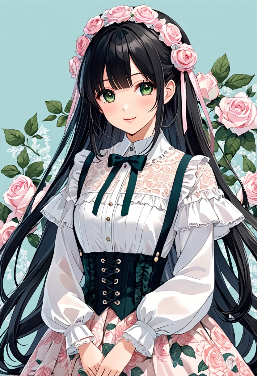 Long black hair、Cute girl with dark eyes、smile、Wearing a classic style、High waist design and mid-calf length full skirt。The fabric has large white and pink roses on a pale blue background、It has an intricate floral pattern with green leaves。On top of the one piece、Long sleeves with buttoned cuffs、A white blouse with lace and ruffle details on the collar。You can also see the bowtie around the neck.。The overall aesthetics are、She wears a Lolita-style dress that emphasizes modesty and elegance through intricate clothing design.