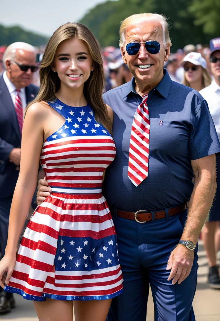 The daughter of Donald Trump and Joe Biden. Looks like the spitting image of both her dads. wearing an american flag dress. 50/50 comical mash up of Donald Trump and Joe Biden. 1girl.