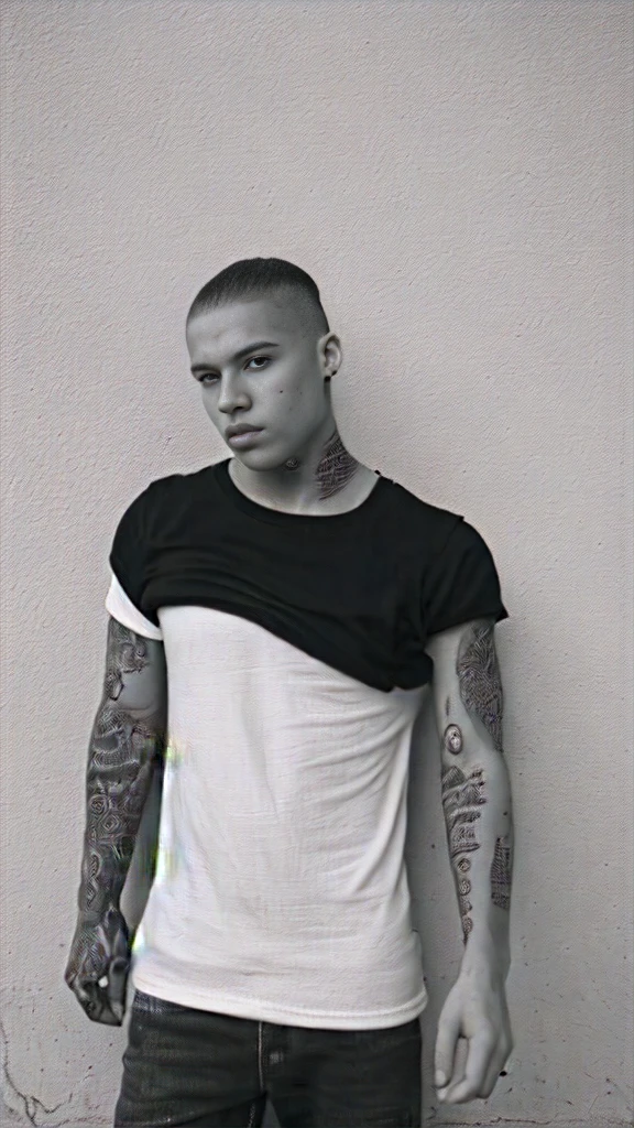 Generate an image in dramatic cinematic black and white, featuring a young man wearing a blank black loose tee shirt in a street . Include a textured on the wall in the background. give the model few minimalistic tattos on the arm.