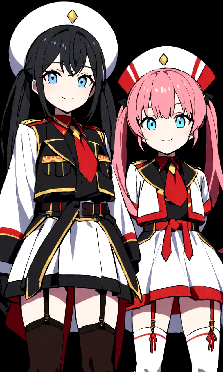 Hair style and color: Twin tails、Pink on the right、The one on the left is wearing a black bicolor head and a white hat.、The uniform is white and decorated with a red ribbon.、The jacket has black and red accents and gold chains.、The skirt is a white miniskirt with red frills and a black belt around the waist. The accessories are black gloves and a black ribbon around the waist.、The boots on the left foot are white and have a garter belt-like accessory attached.、The face is decorated with a red ribbon and shows a bright smile.、Her distinctive blue eyes give her a friendly impression.、Other features that emphasize the character's liveliness are the balance of the coloring, which is very appealing.、The visually appealing costumes incorporate military-style design elements.、It gives the character strength and elegance.