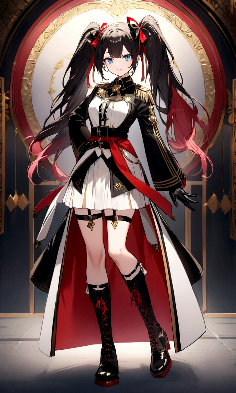 Hair style and color: Twin tails、Pink on the right、The one on the left is wearing a black bicolor head and a white hat.、The uniform is white and decorated with a red ribbon.、The jacket has black and red accents and gold chains.、The skirt is a white miniskirt with red frills and a black belt around the waist. The accessories are black gloves and a black ribbon around the waist.、The boots on the left foot are white and have a garter belt-like accessory attached.、The face is decorated with a red ribbon and shows a bright smile.、Her distinctive blue eyes give her a friendly impression.、Other features that emphasize the character's liveliness are the balance of the coloring, which is very appealing.、The visually appealing costumes incorporate military-style design elements.、It gives the character strength and elegance.