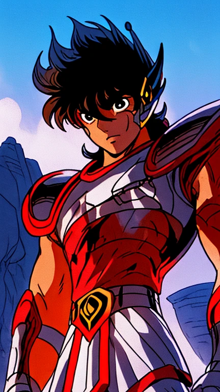 estilo shingoaraki-smf, knights of the zodiac, saint seiya, ****ung boy, messy brown hair, expression of determination on her face,  pegasus seiya , bandages, bloodstains, Ranni, pegasus armor, broken armor, rock ruins background, battle stance, kosmos, energy stars, blue aura