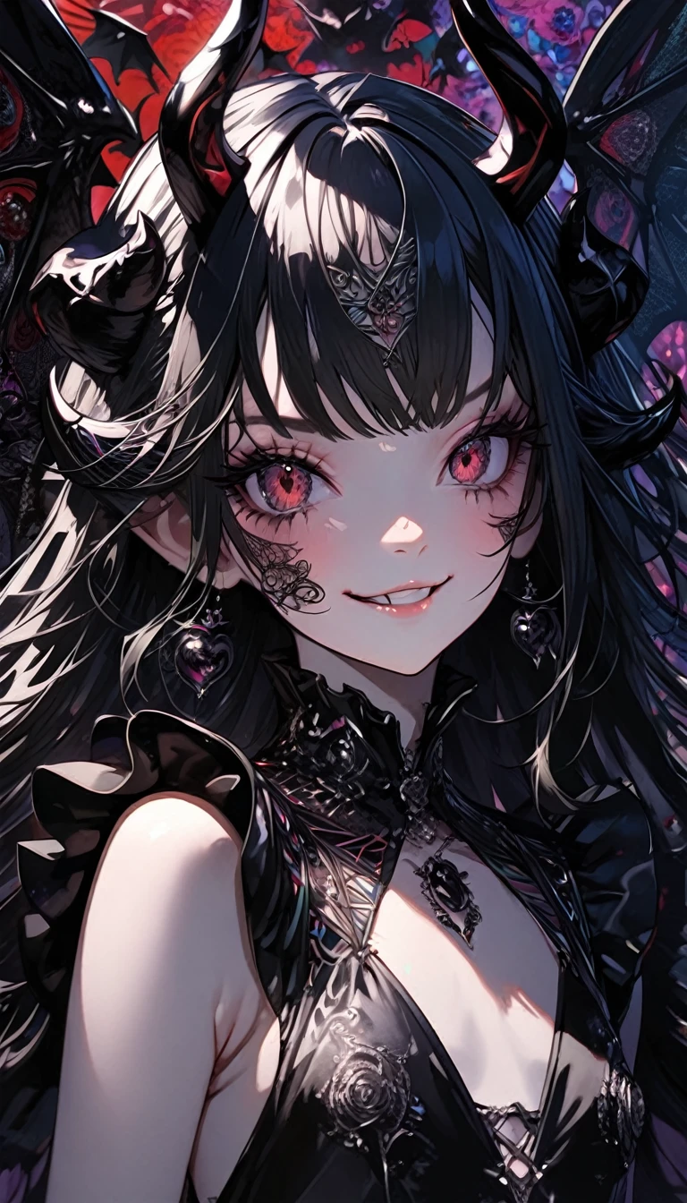 (Maximalism:1.5),(absurdres:1.5), (highres), (best quality:1.1), (ultra-detailed:1.1), (an extremely delicate and beautiful), 1 girl, smirk, (beautiful face), (detailed face), Devil,transparent black hair, long hair, devil horns, Devil's Wings, flat chest, black gothic dress, beautiful face, (detailed face), portfolio, upper body, clear black hair, long hair, black darkness stirring background, glitter,( Zentangle:1.2),