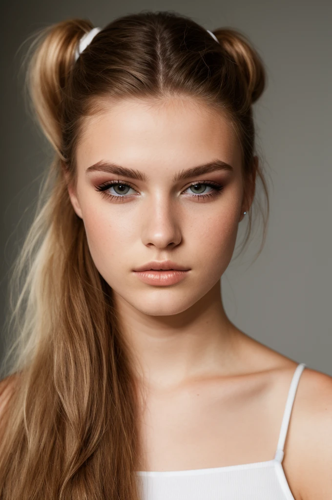 a 20 year old, Scandinavian model, eyeshadows, pony tail,